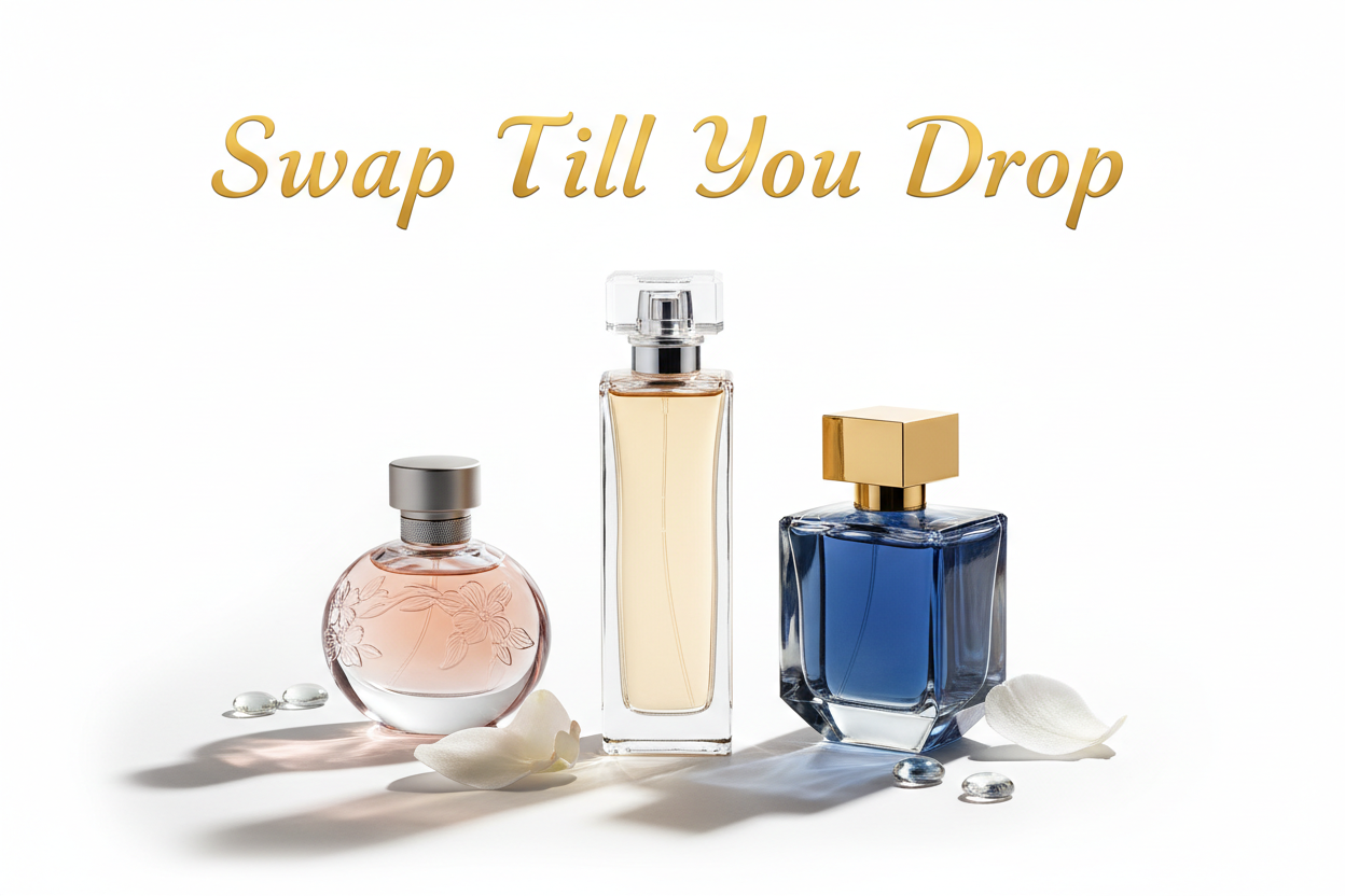 Create a clean photo that says "Swap Till You Drop" with a few images of Fragrance Bottles and an elegant white background.